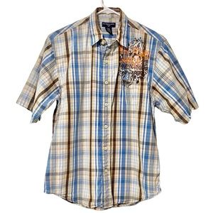 U.S. POLO ASSN. Men’s Plaid Blue Tan Button Down Short Sleeve Shirt Size Large